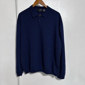 J Ferrar Knit Sweater Mens XL Vintage 1/4 Button Merino Wool Collar Blue Preppy